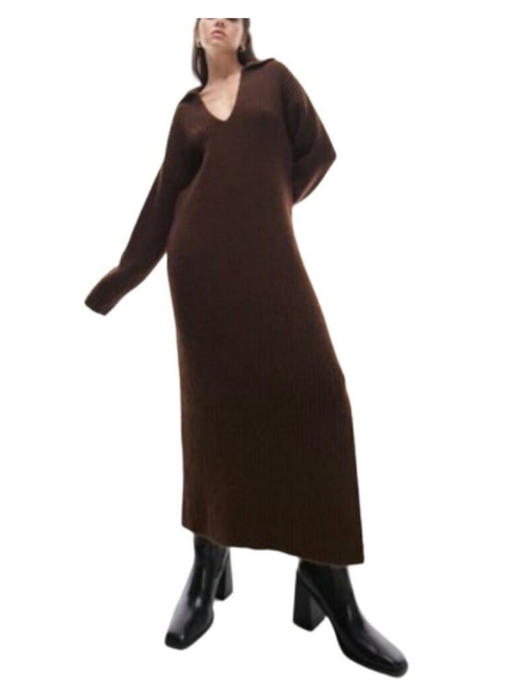 Topshop Chocolate Brown Ribbed Long Sweater Dress